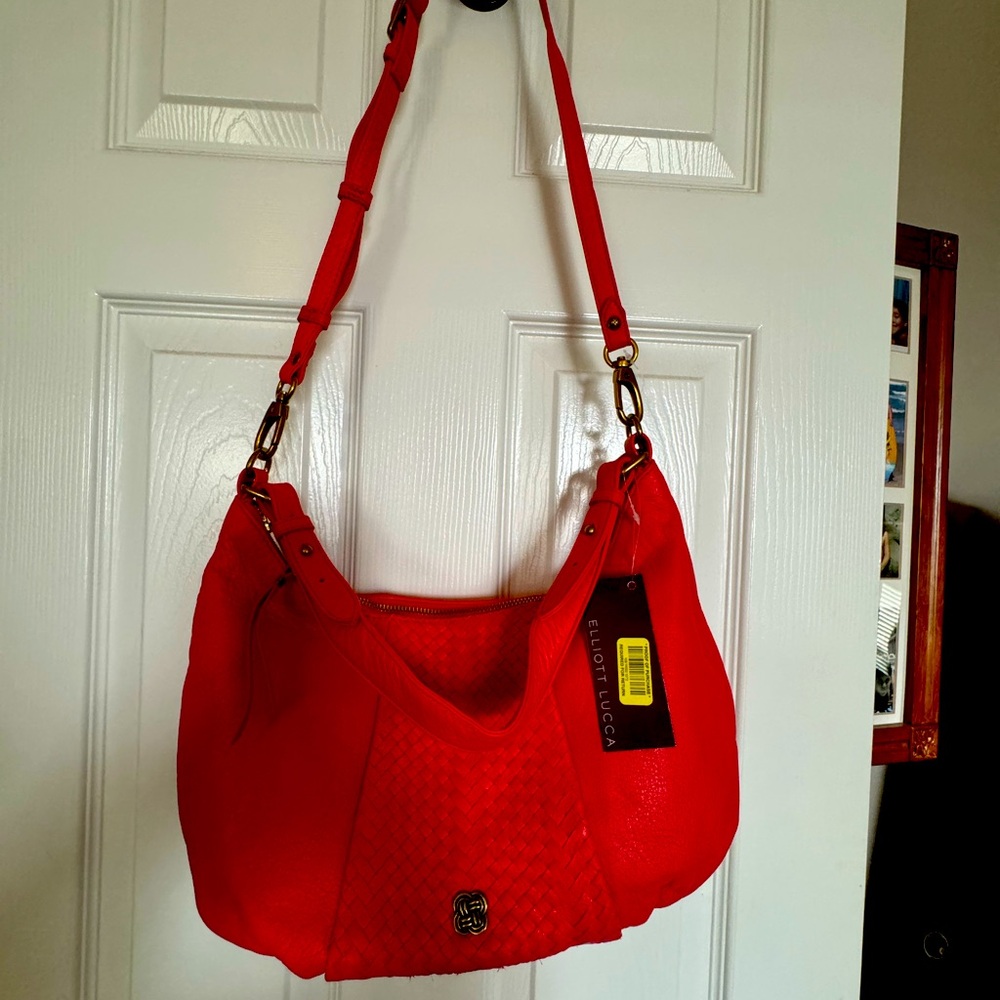 Elliot Lucca Woven Genuine, Leather Handbag, Red Shoulder Purse, Gold Hardware